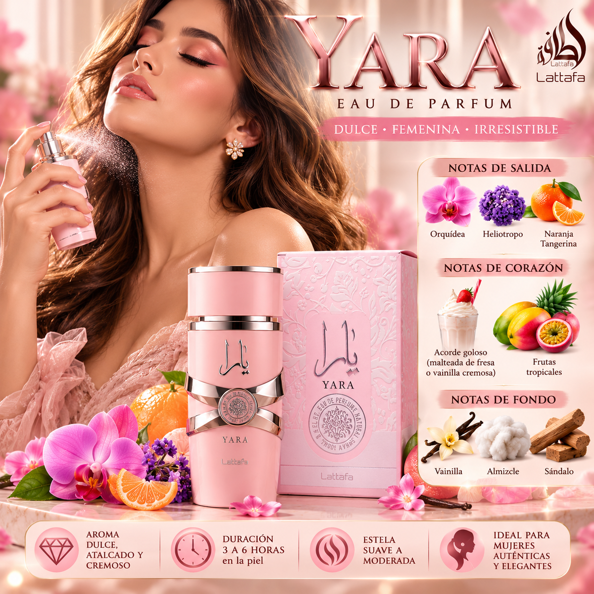 Yara Lattafa Eau De Parfum , perfume árabe para mujer, 100 ml