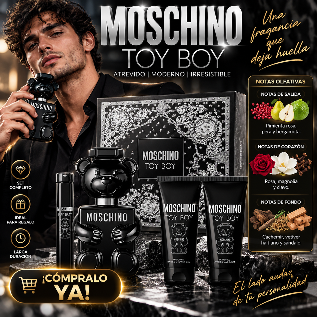 Set moschino toy boy (4 piezas) eau de parfum 100 y 10 ml, after shave 100 ml. Bath & shower 100 ml