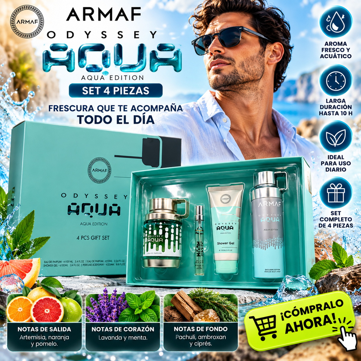Perfume Armaf Odyssey Aqua 3.4oz Edp Set 4 Piezas Hombre
