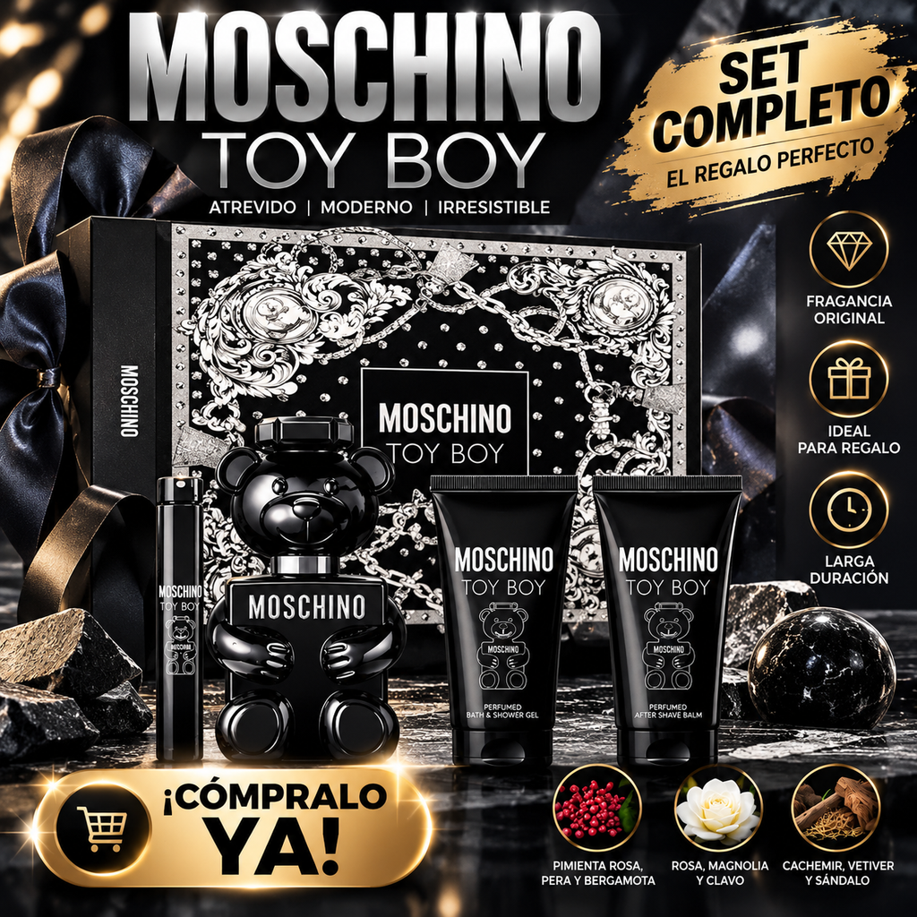 Set moschino toy boy (4 piezas) eau de parfum 100 y 10 ml, after shave 100 ml. Bath & shower 100 ml