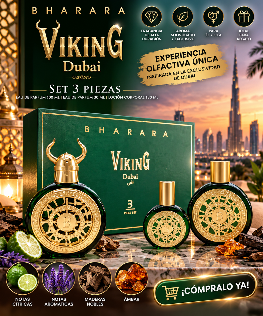 Set 3 Piezas Perfume Bharara Viking Dubai EDP Spray 100ml 30ml Lotion