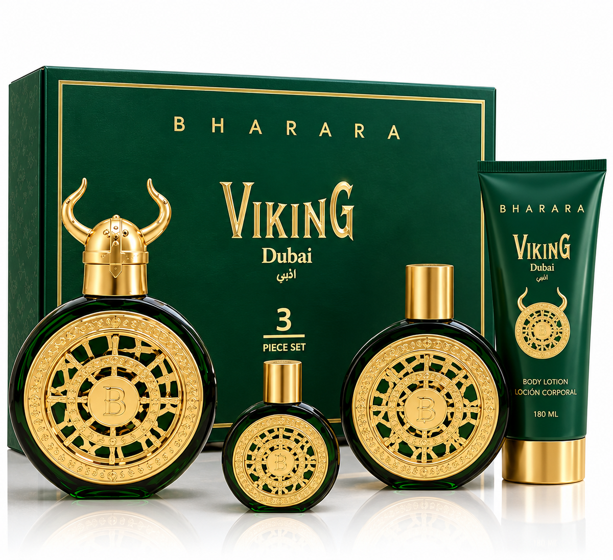 Set 3 Piezas Perfume Bharara Viking Dubai EDP Spray 100ml 30ml Lotion