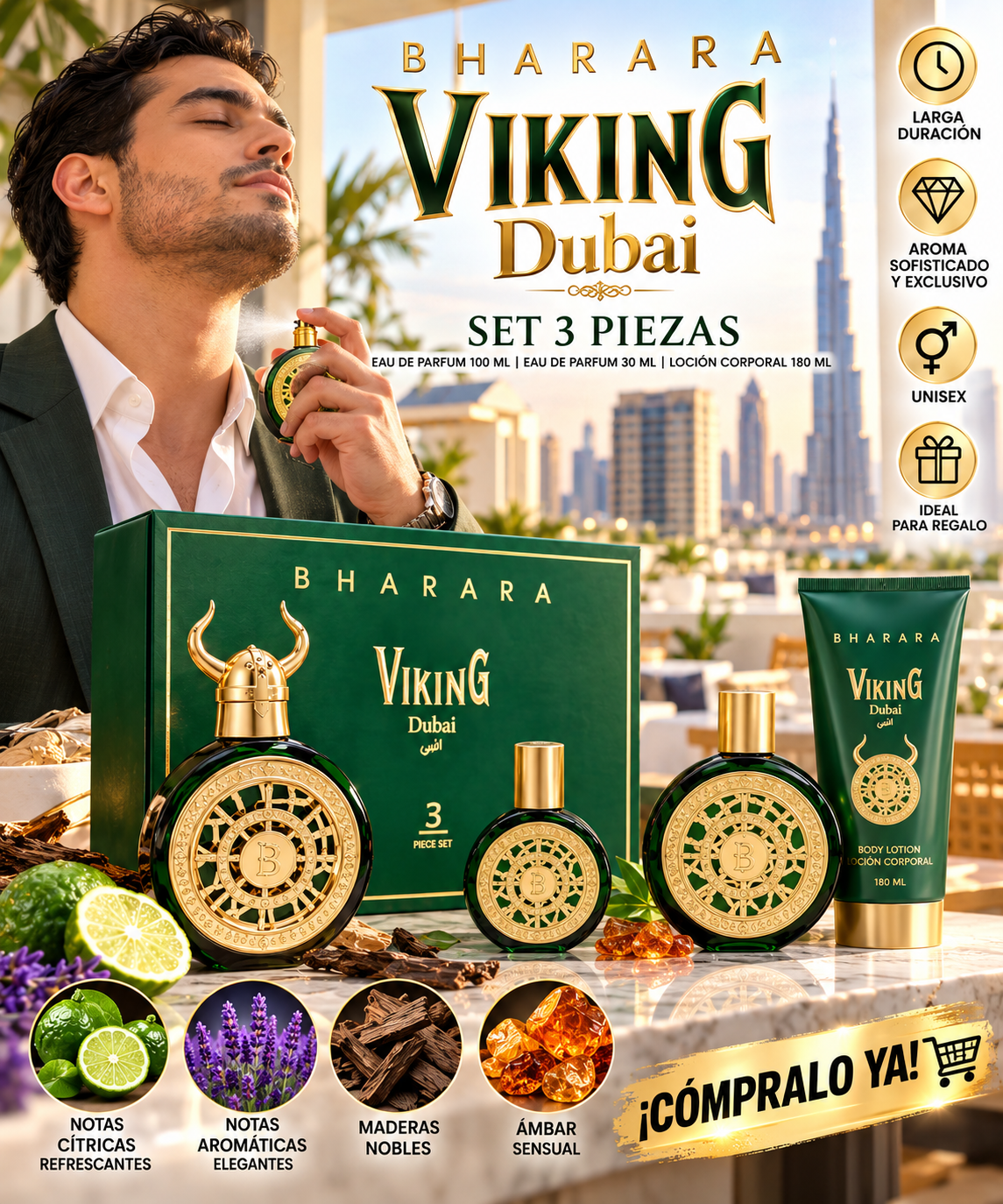 Set 3 Piezas Perfume Bharara Viking Dubai EDP Spray 100ml 30ml Lotion