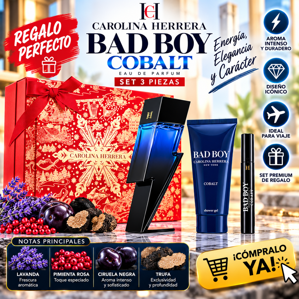 Set Perfume Carolina Herrera Bad Boy Cobalt 3.4oz Edp Hombre